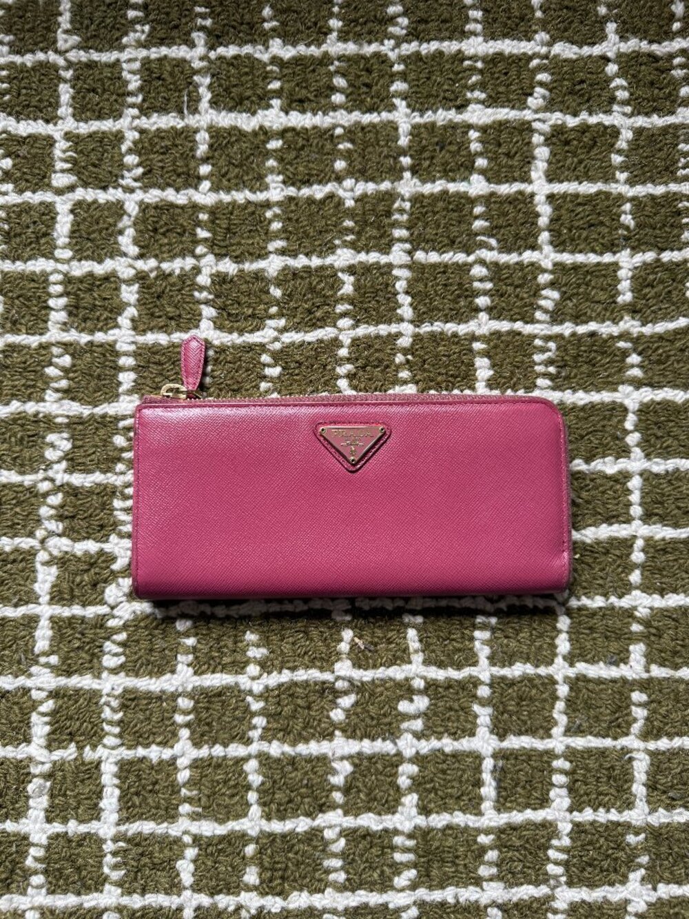 Prada Saffiano Triangle Logo L-Zip Long Wallet Pink